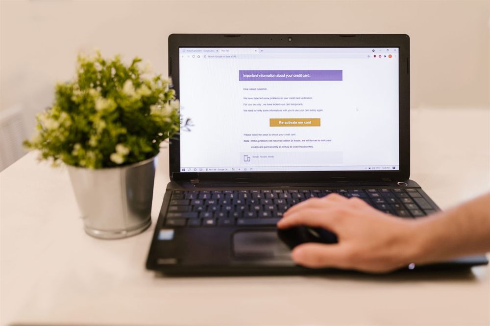 Hand on a laptop trackpad beside a small potted plant